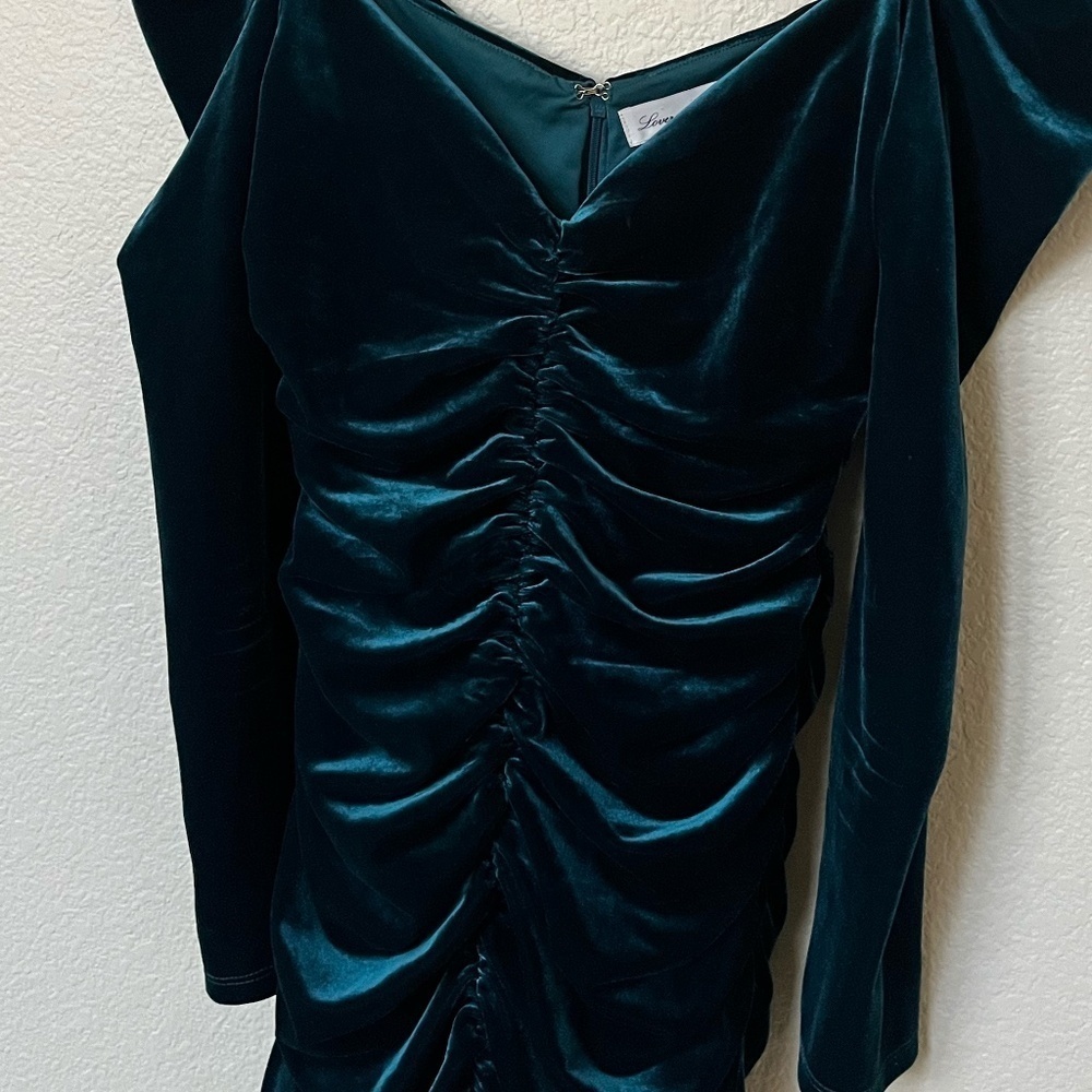 LOVERS + FRIENDS | Andie Ruched Velvet Fabric Mini Dress in Deep Teal | Size S - Picture 4 of 11